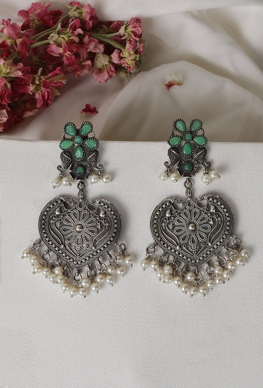 Green Kundan Heart Shape Pearl Drop Earrings