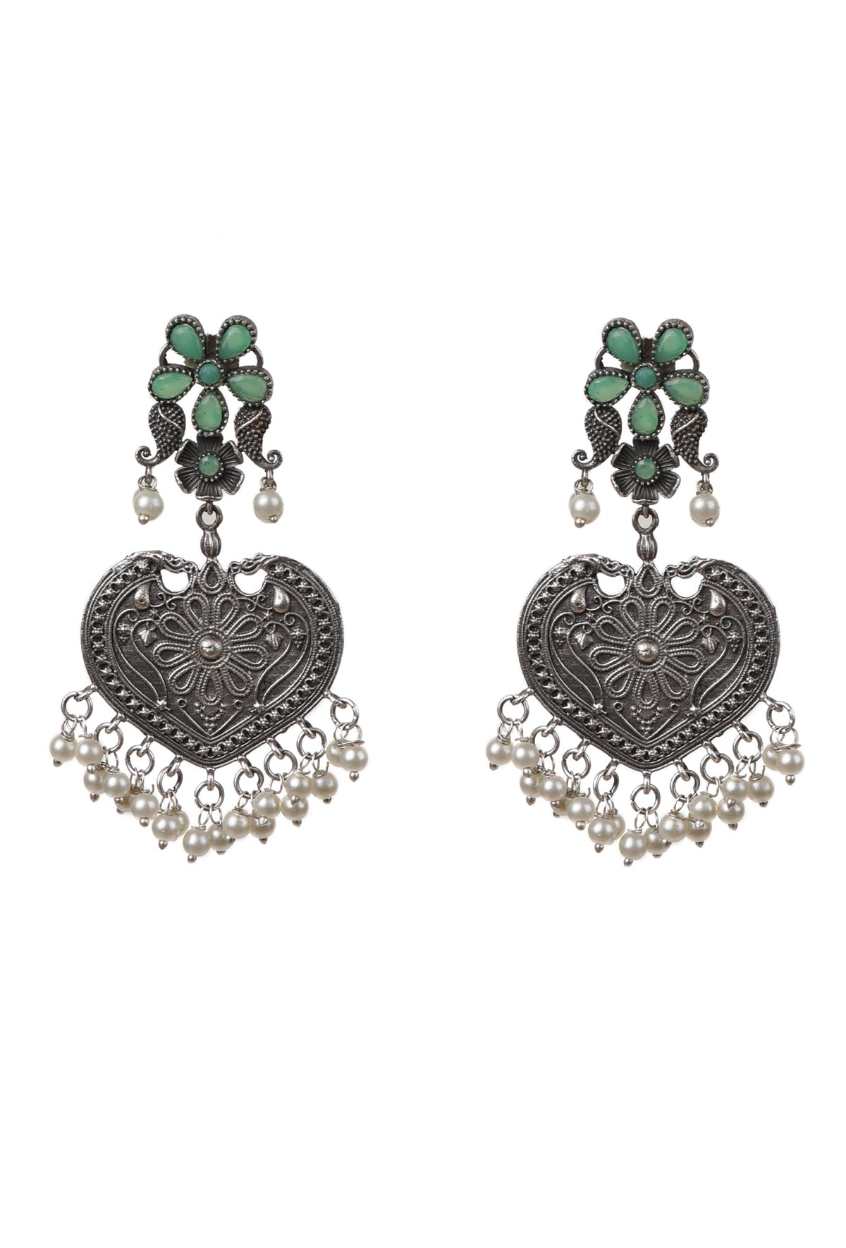 Green Kundan Heart Shape Pearl Drop Earrings