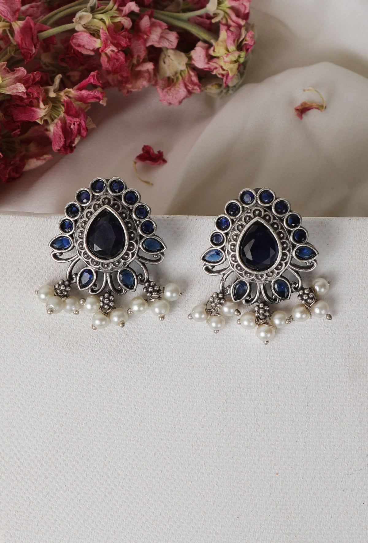 Blue Kundan Studs with Pearl Drop Earrings