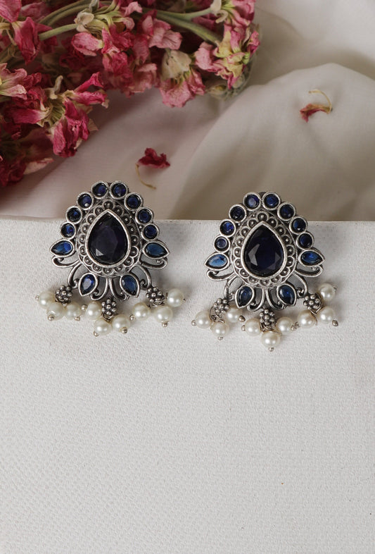 Blue Kundan Studs with Pearl Drop Earrings