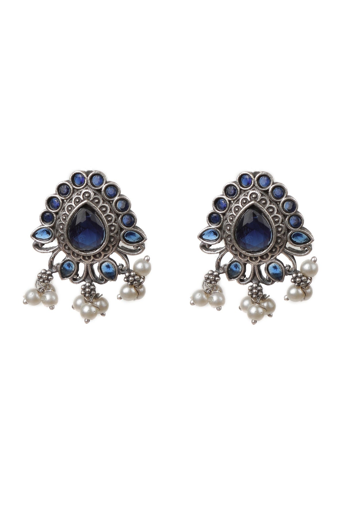 Blue Kundan Studs with Pearl Drop Earrings