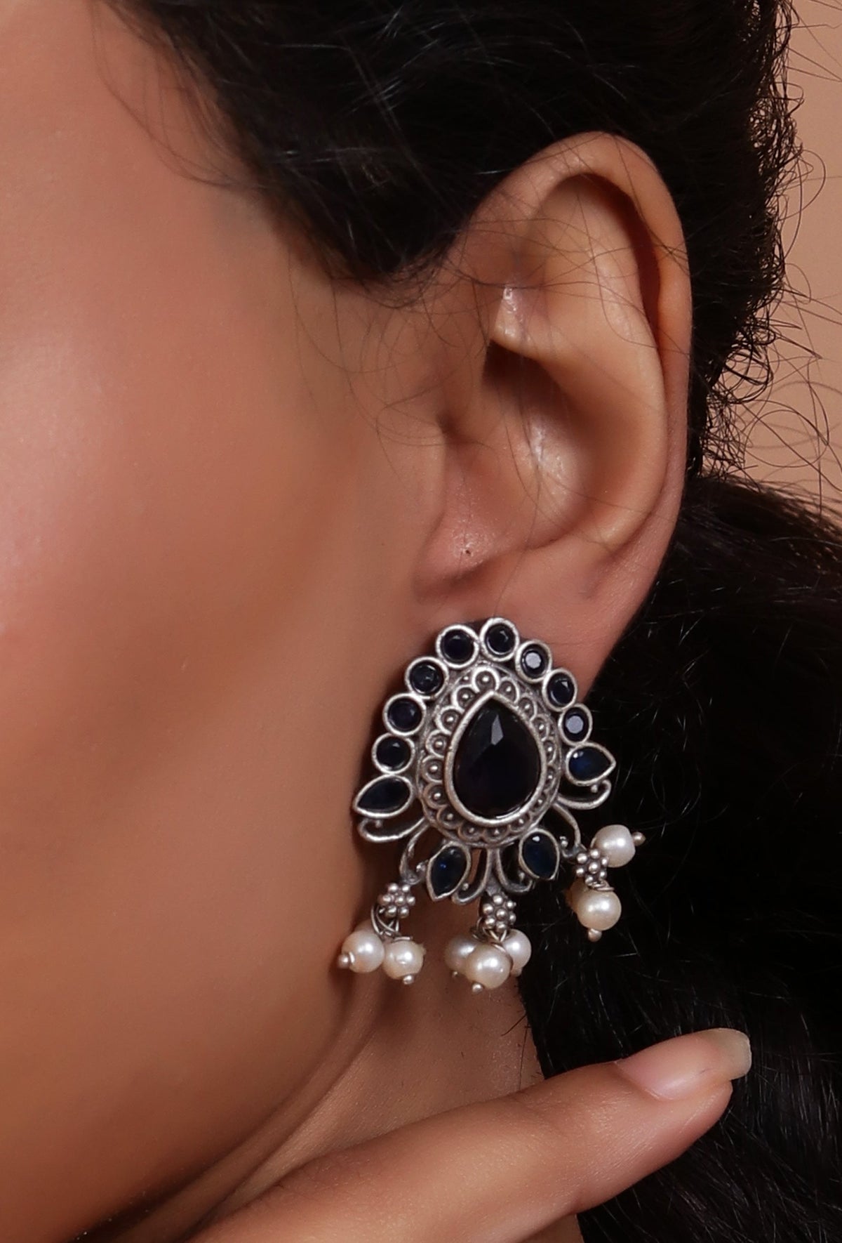 Blue Kundan Studs with Pearl Drop Earrings