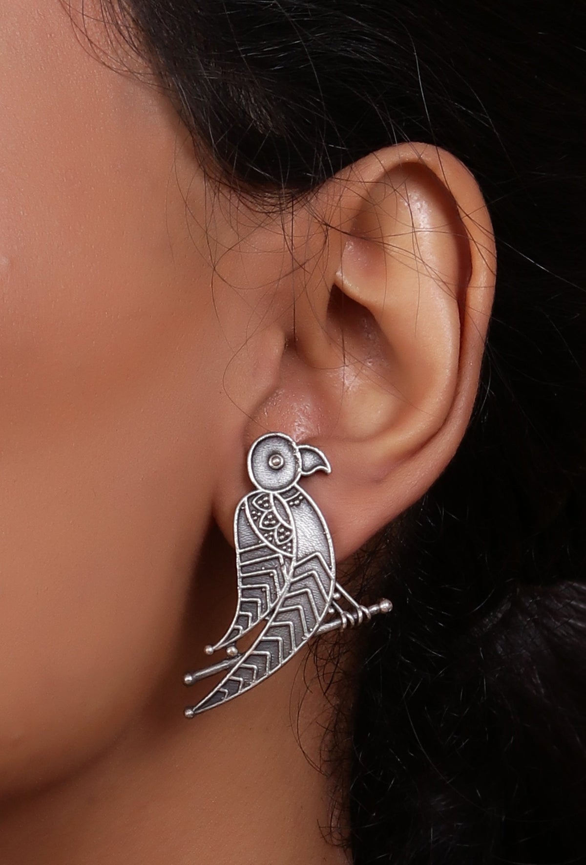 Parrot Textured Silver Stud Earrings