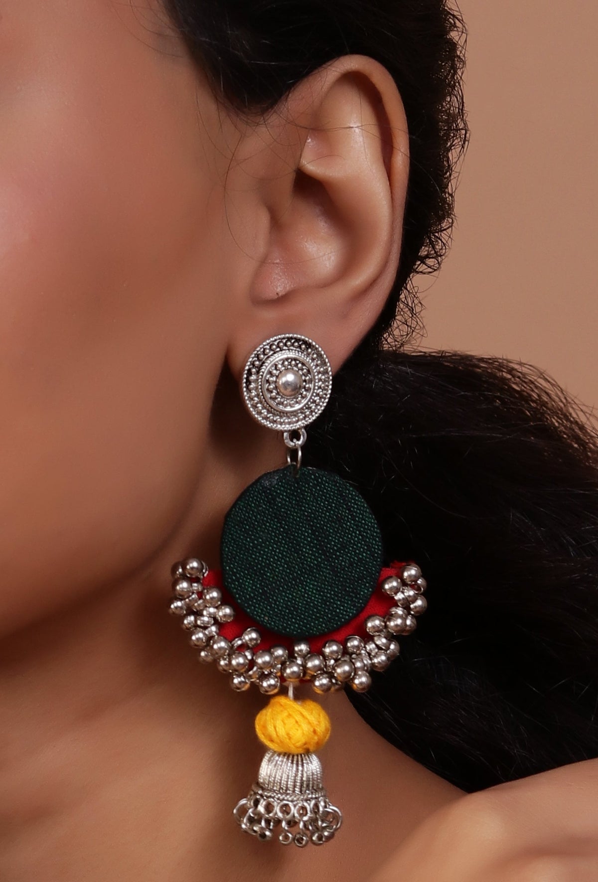 Handcrafted Green And Red Fabric Style Earrings