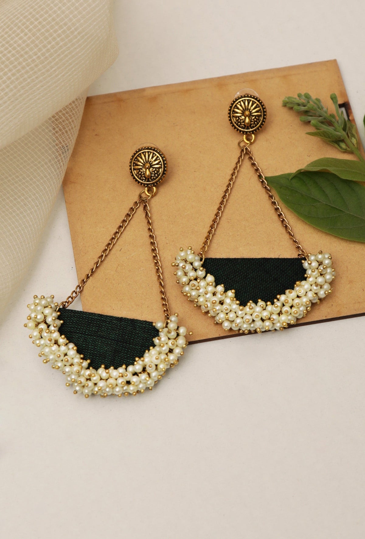 D Shaped Handcrafted Green Fabric Style Earrings