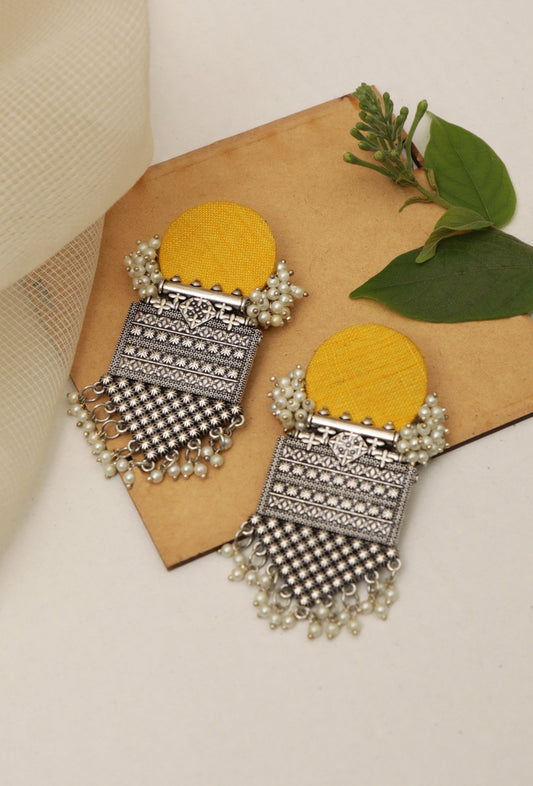Unique Handmade Designer Round Handloom Yellow Fabric Partywear Dangler Earrings