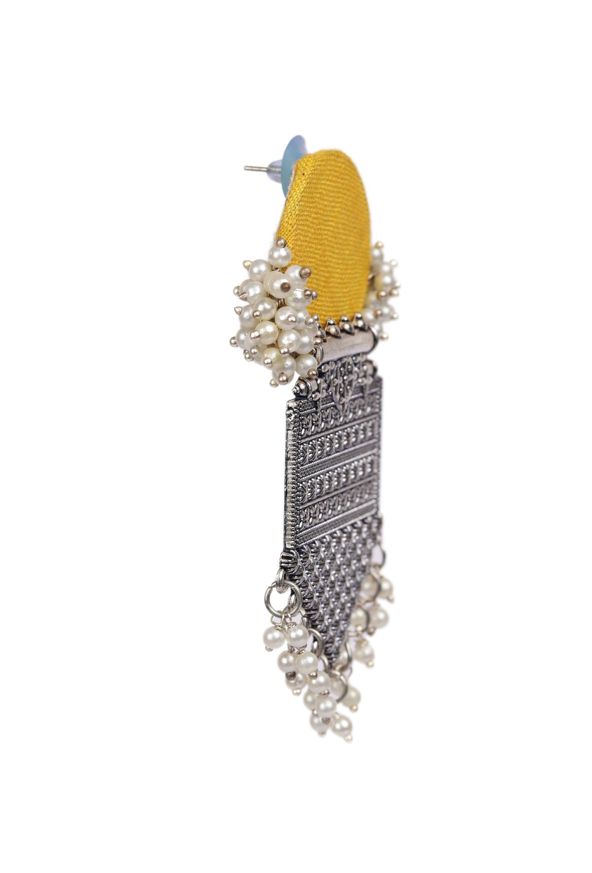 Unique Handmade Designer Round Handloom Yellow Fabric Partywear Dangler Earrings
