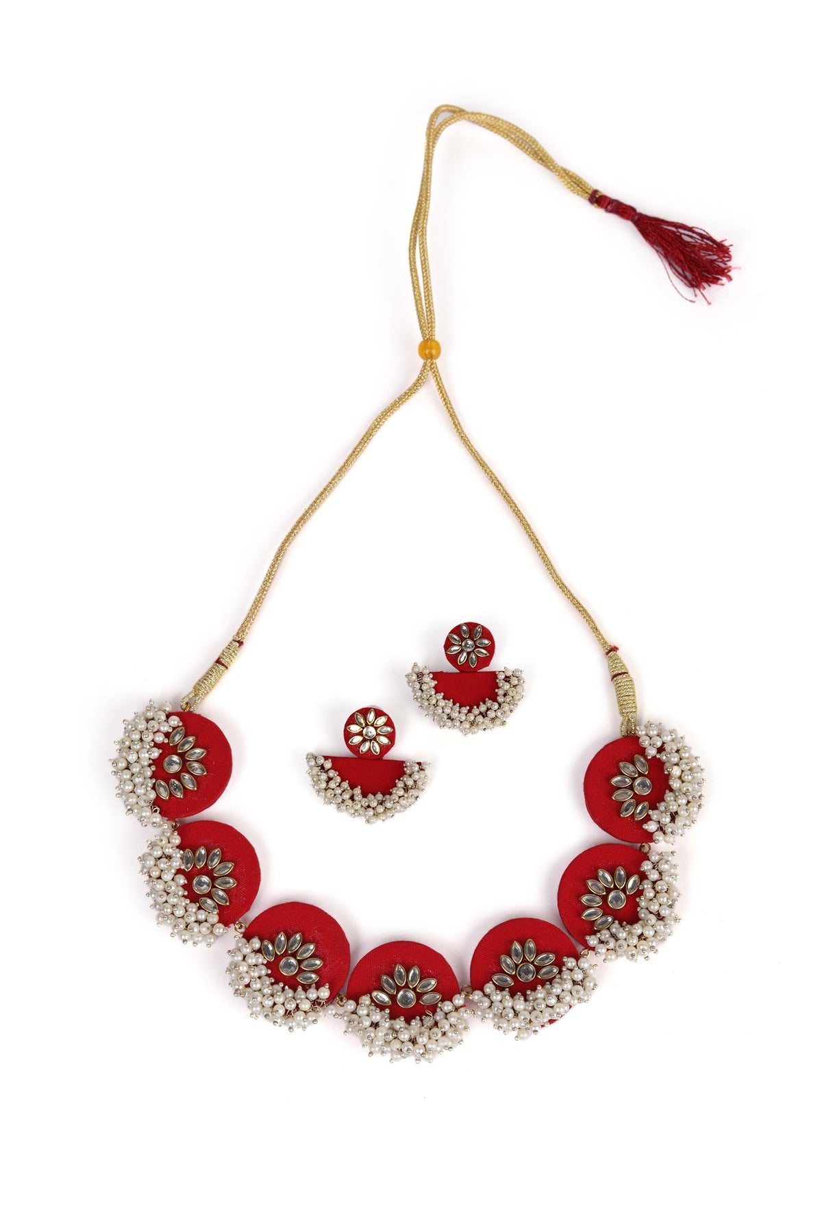 Handcrafted Fabric Flower Shaped Necklace With D-Shaped Earring