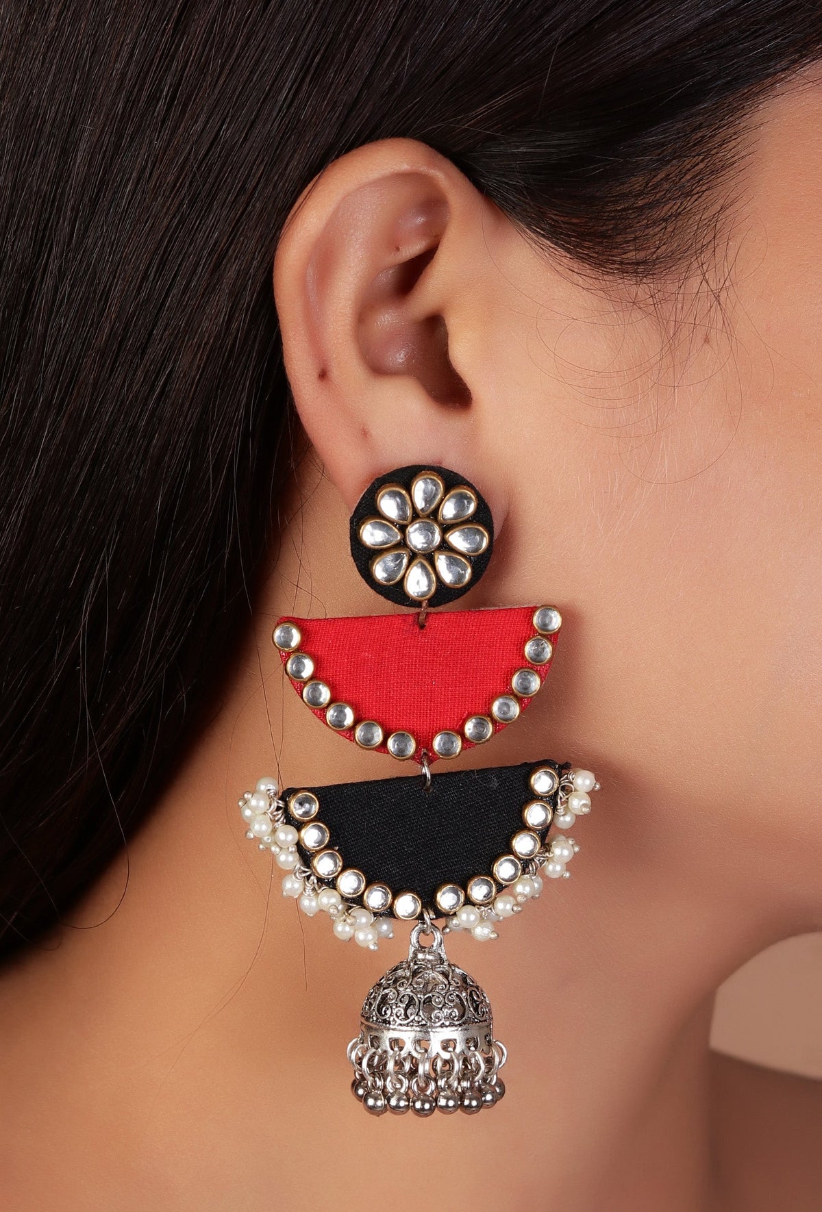 Lightweight Handmade Red/Black Fabric Earrings with Stone Work & 2-Layer Jhumki