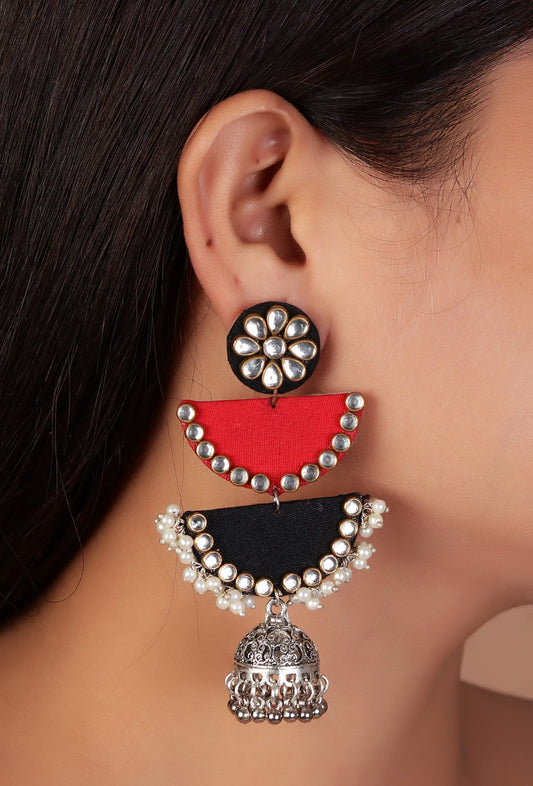 Lightweight Handmade Red/Black Fabric Earrings with Stone Work & 2-Layer Jhumki