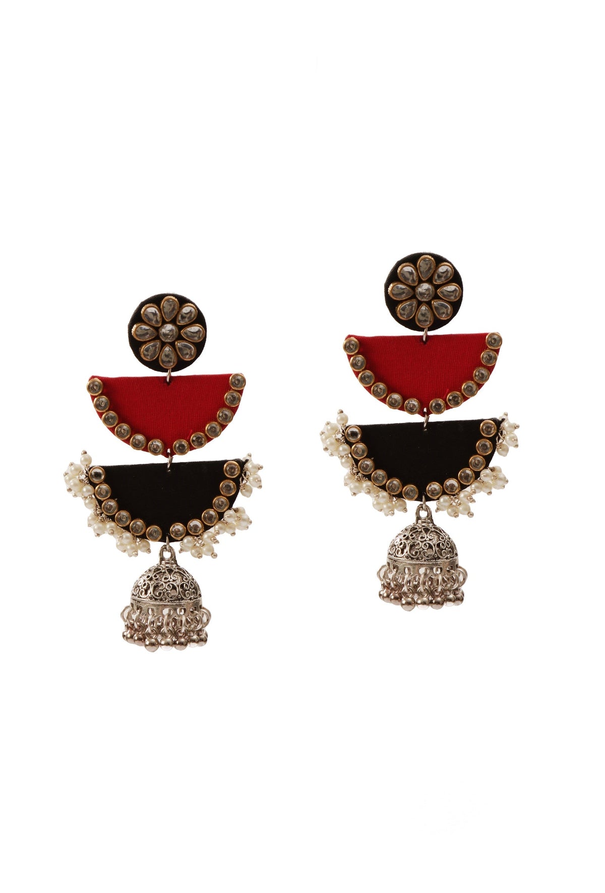 Lightweight Handmade Red/Black Fabric Earrings with Stone Work & 2-Layer Jhumki