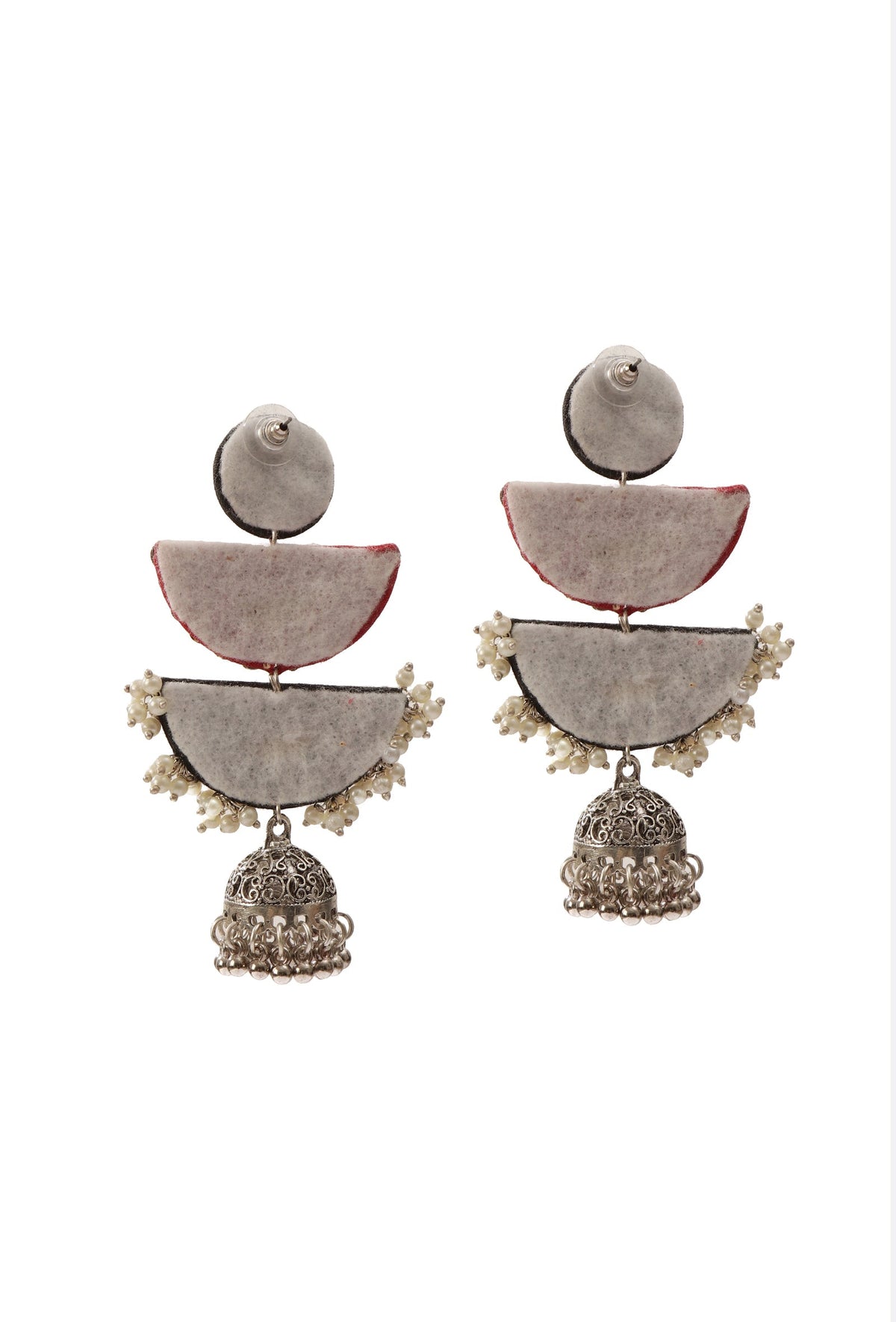 Lightweight Handmade Red/Black Fabric Earrings with Stone Work & 2-Layer Jhumki