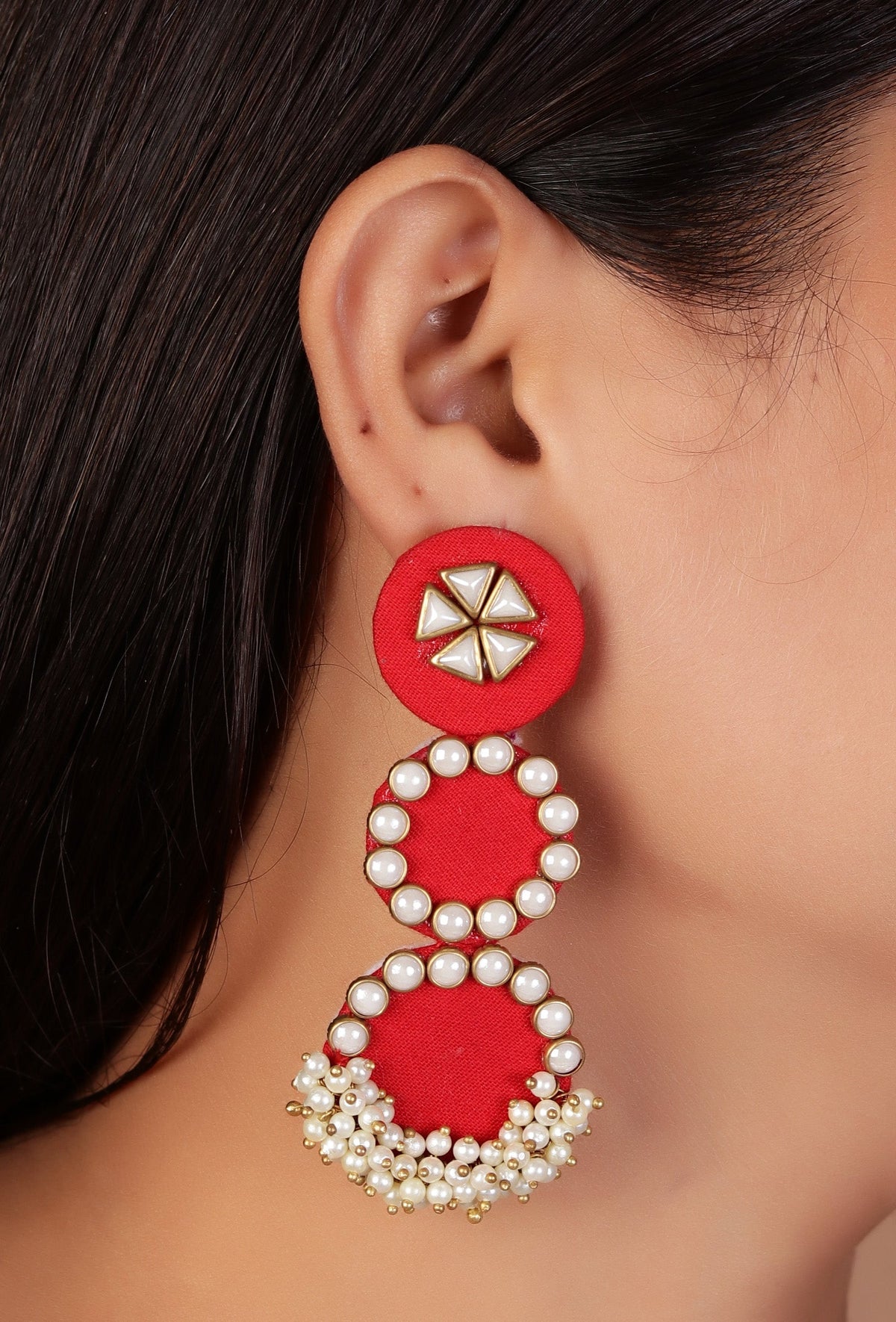 3-Layer Round Red Fabric Earrings with Stone & Mogra Pearls