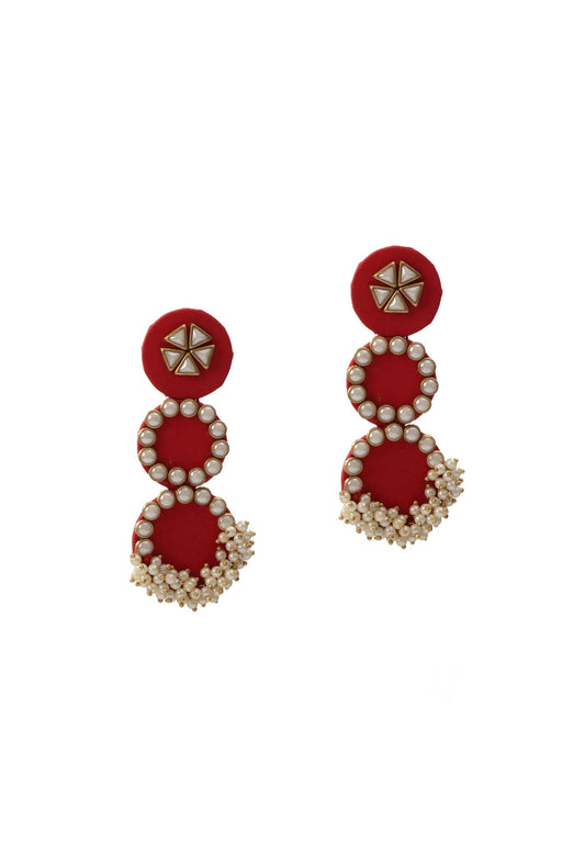 3-Layer Round Red Fabric Earrings with Stone & Mogra Pearls