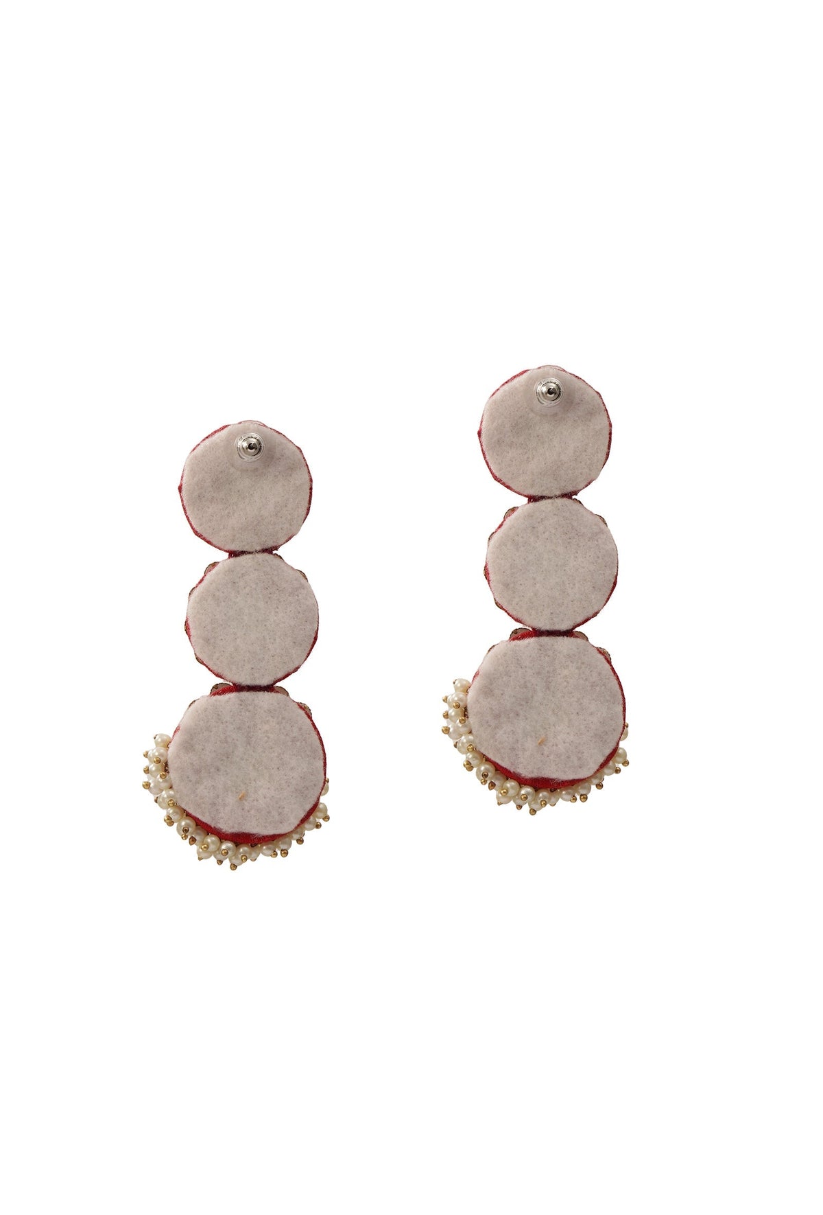 3-Layer Round Red Fabric Earrings with Stone & Mogra Pearls
