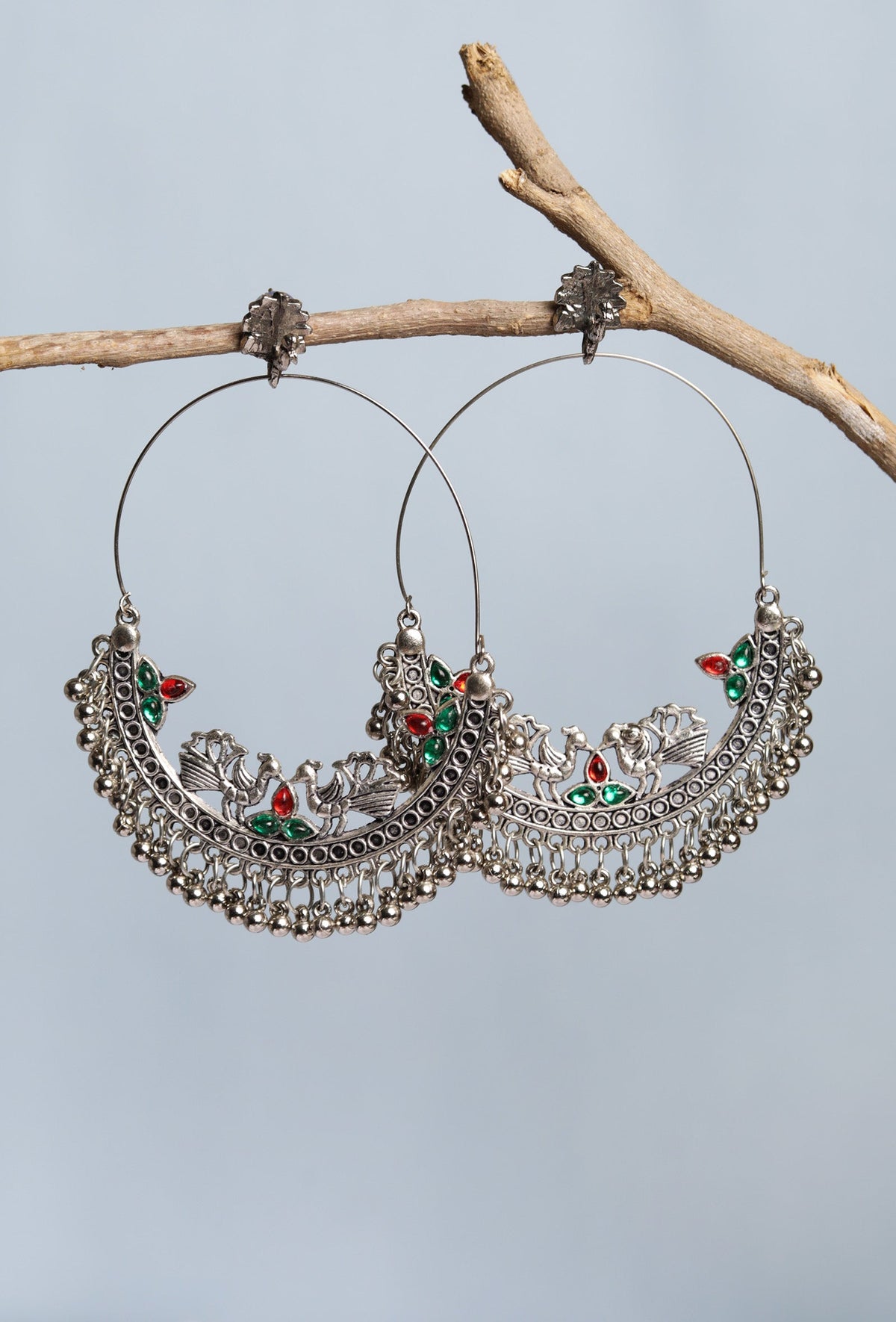 Oxidized Silver Peacock Stud Dangler Earring