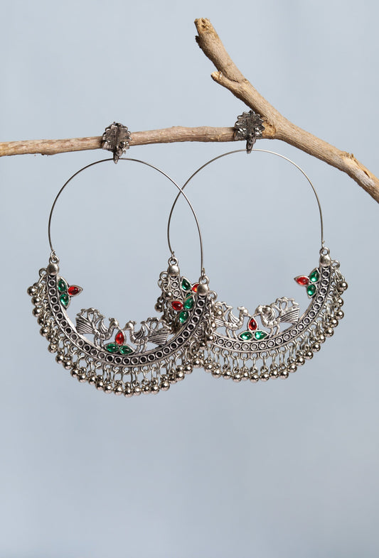 Oxidized Silver Peacock Stud Dangler Earring