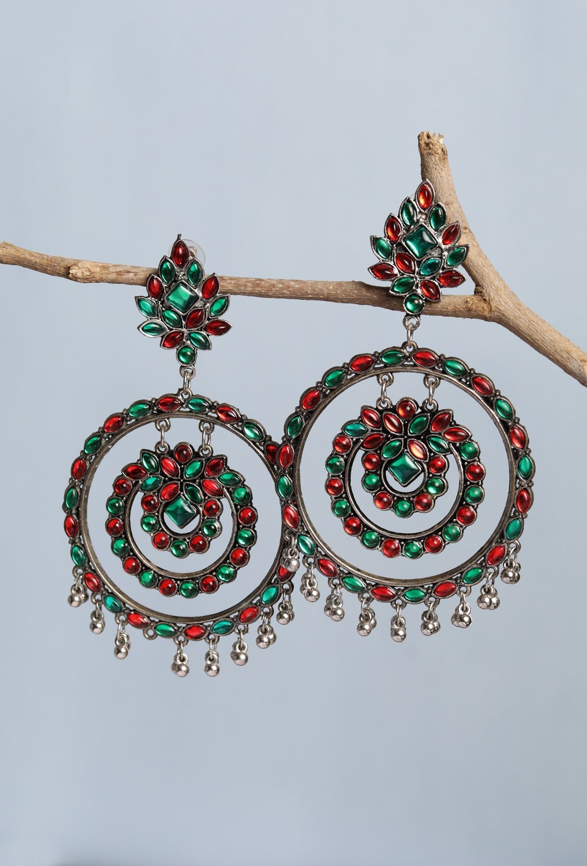 Afghani Oxidized Silver Double Round Traditional Light Weight Red/Green Stone Chandelier Dangler Earring