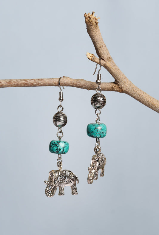 Turquoise Stone With Elephant Charm Dangler Earring