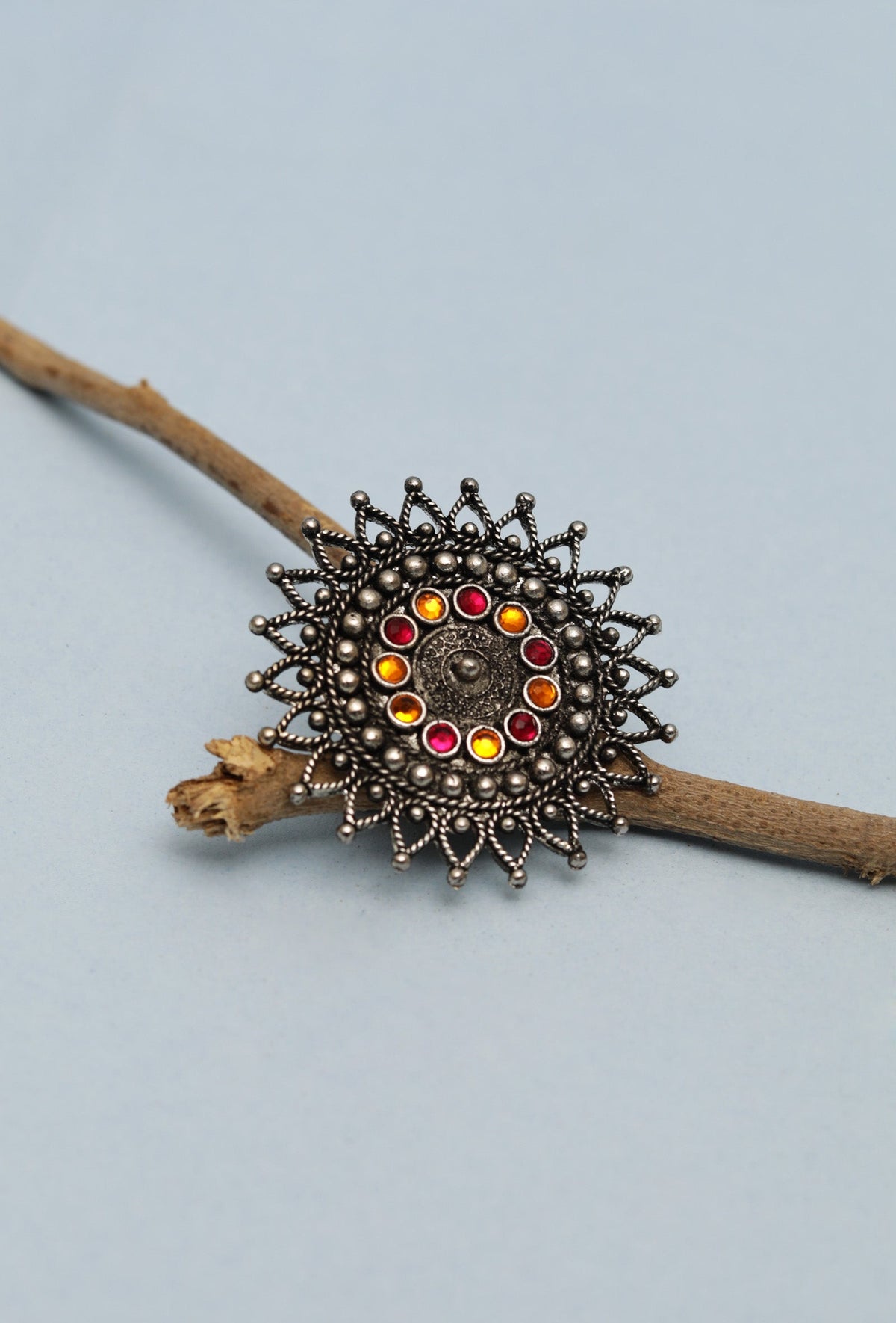 Oxidized Silver Afghani Blackish Look Pink/Orange Stone Designer Adjustable Ring