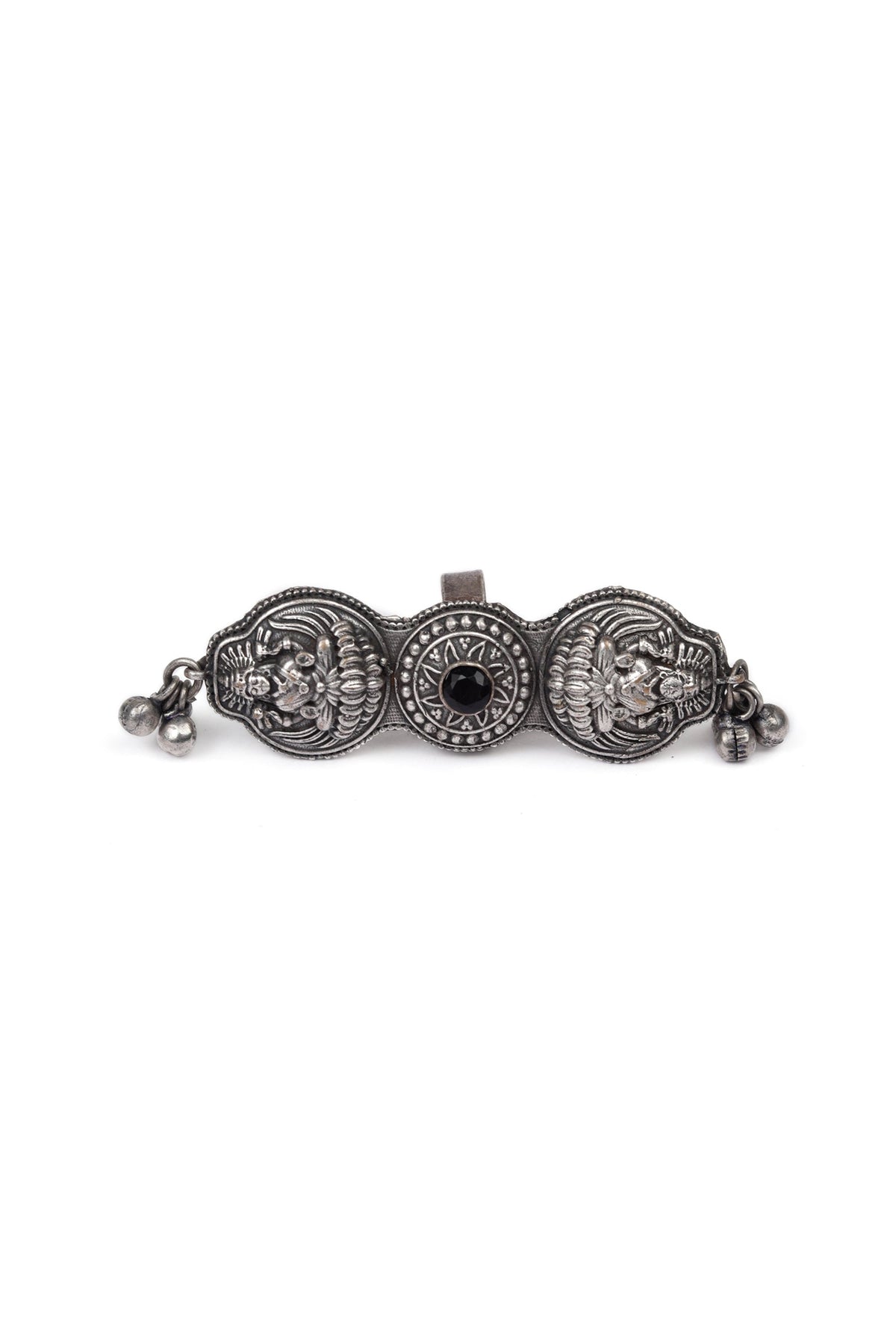 Silver Look Like Round Goddess Lakshmi Black Stone Adjustable Size Ring