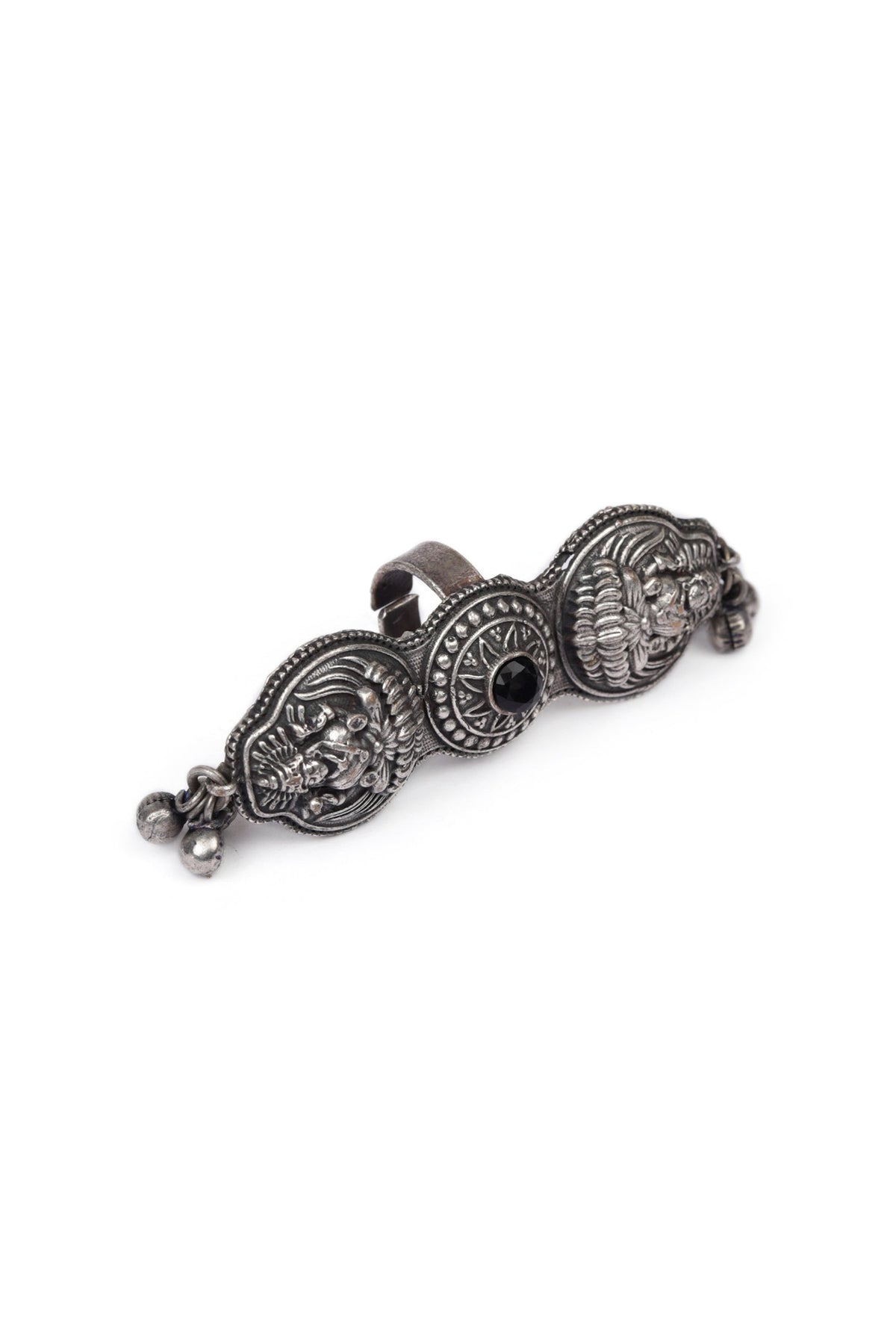 Silver Look Like Round Goddess Lakshmi Black Stone Adjustable Size Ring
