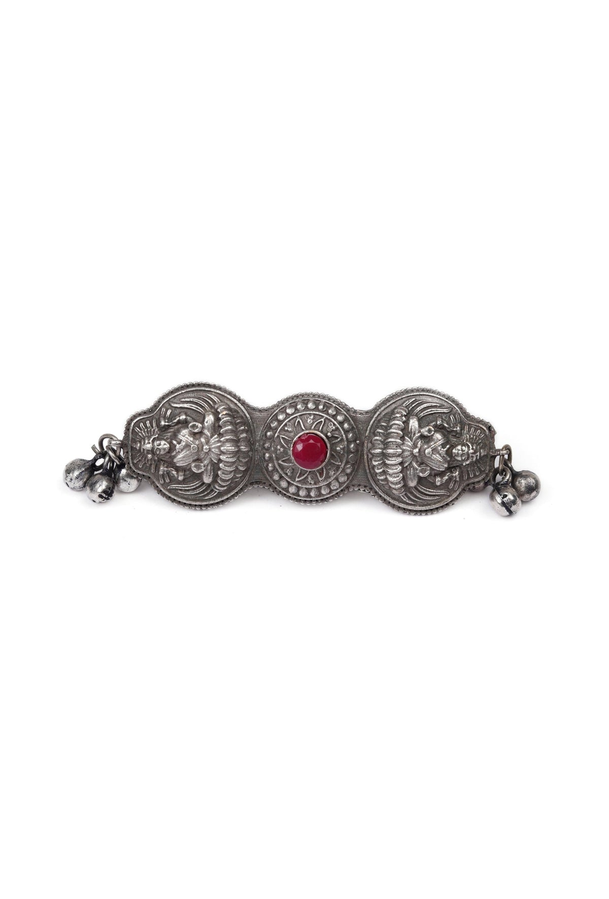 Silver Look Like Round Goddess Lakshmi Ruby Stone Adjustable Size Ring