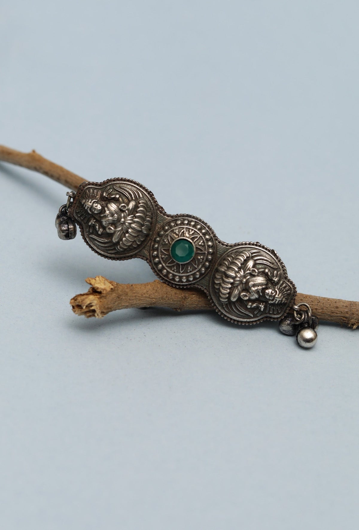 Silver Look Like Round Goddess Lakshmi Green Stone Adjustable Size Ring