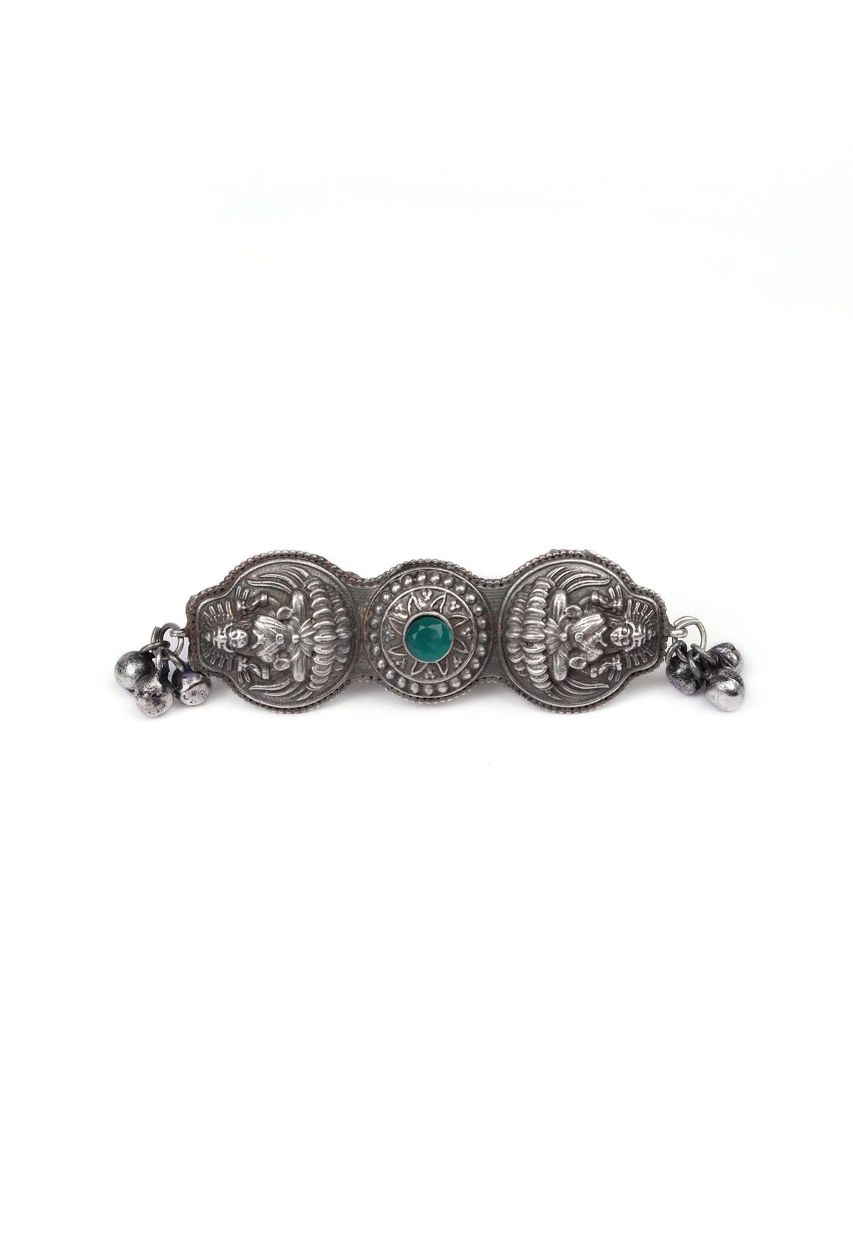 Silver Look Like Round Goddess Lakshmi Green Stone Adjustable Size Ring