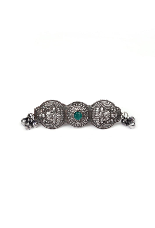 Silver Look Like Round Goddess Lakshmi Green Stone Adjustable Size Ring