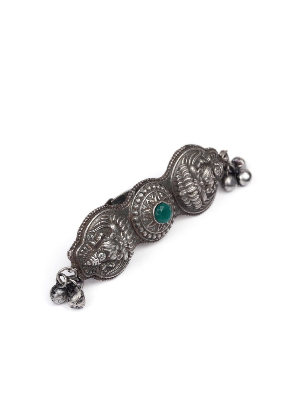 Silver Look Like Round Goddess Lakshmi Green Stone Adjustable Size Ring