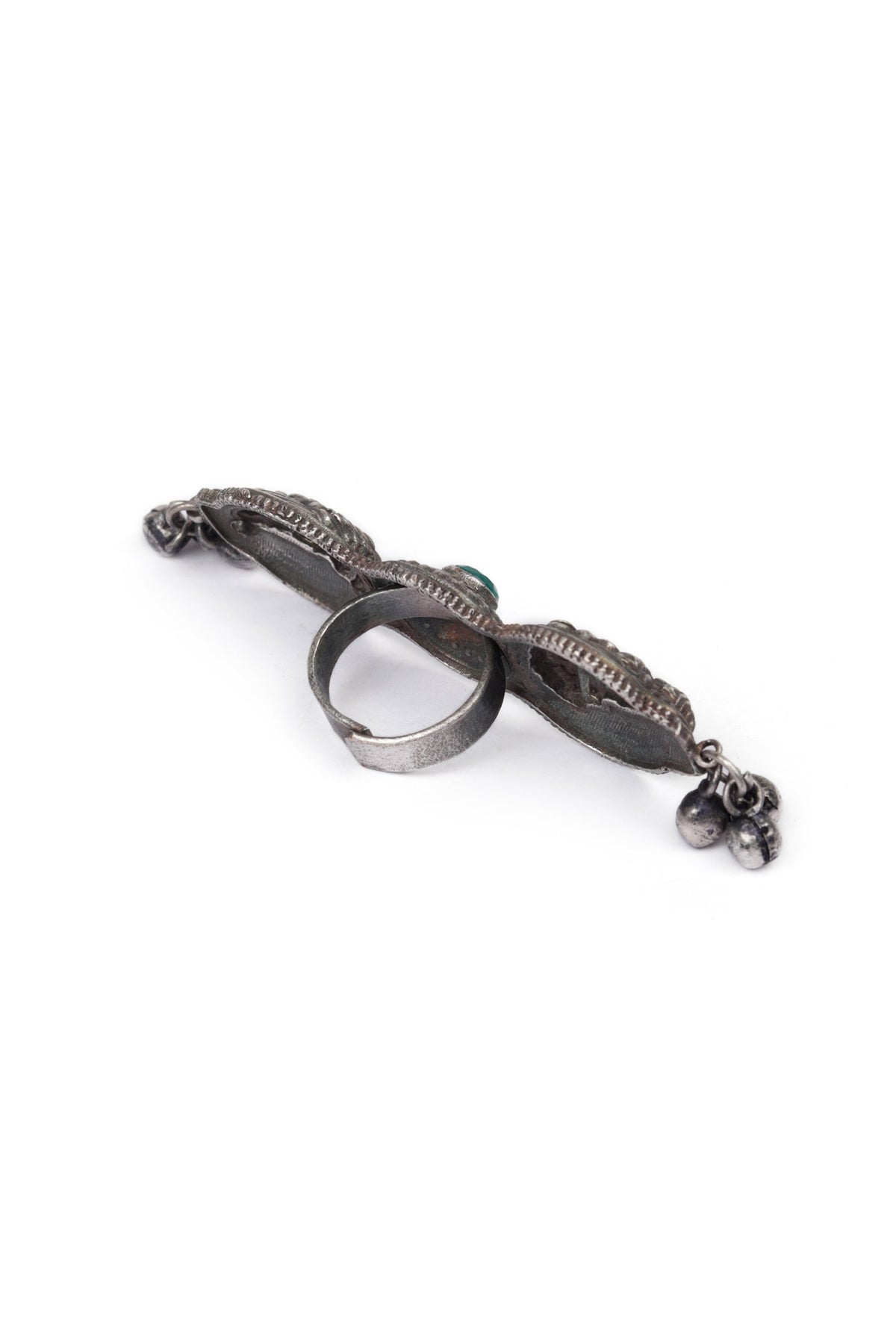 Silver Look Like Round Goddess Lakshmi Green Stone Adjustable Size Ring