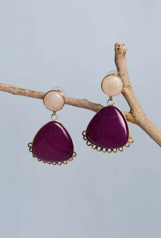 Gold Plated Raisin Cream/Purple Stone Circled/Triangle Shaped Earring