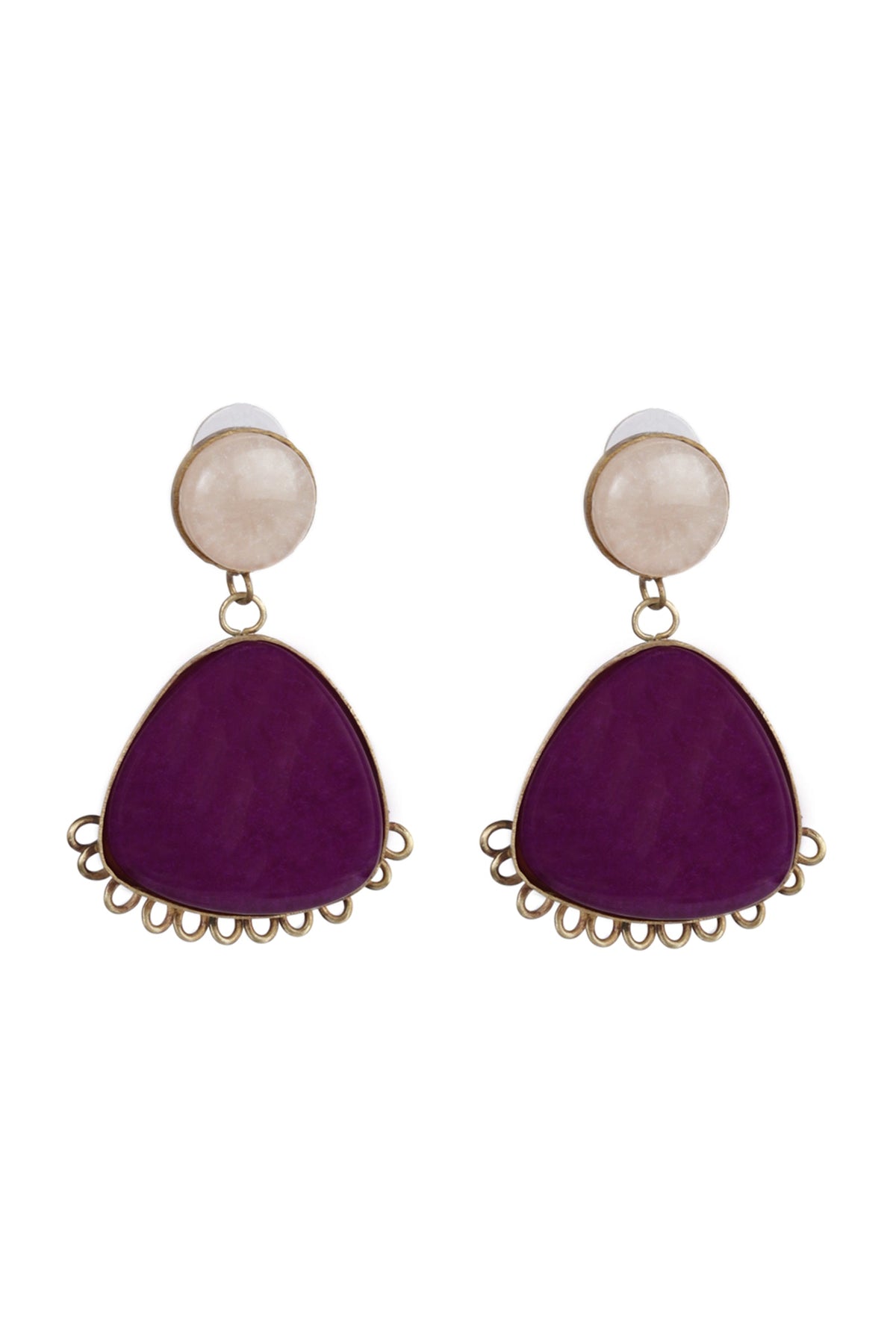 Gold Plated Raisin Cream/Purple Stone Circled/Triangle Shaped Earring