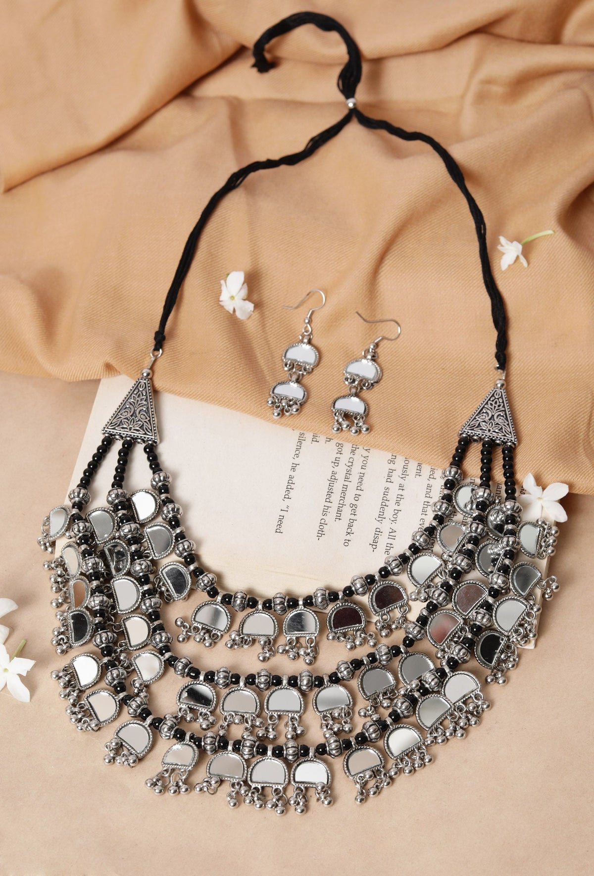 Banjara Style Three Layer Mirror Work Silver Oxidised Choker Necklace
