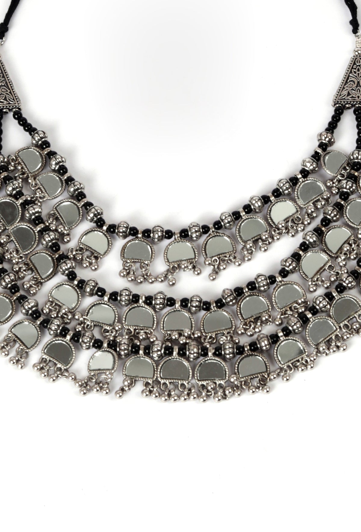 Banjara Style Three Layer Mirror Work Silver Oxidised Choker Necklace