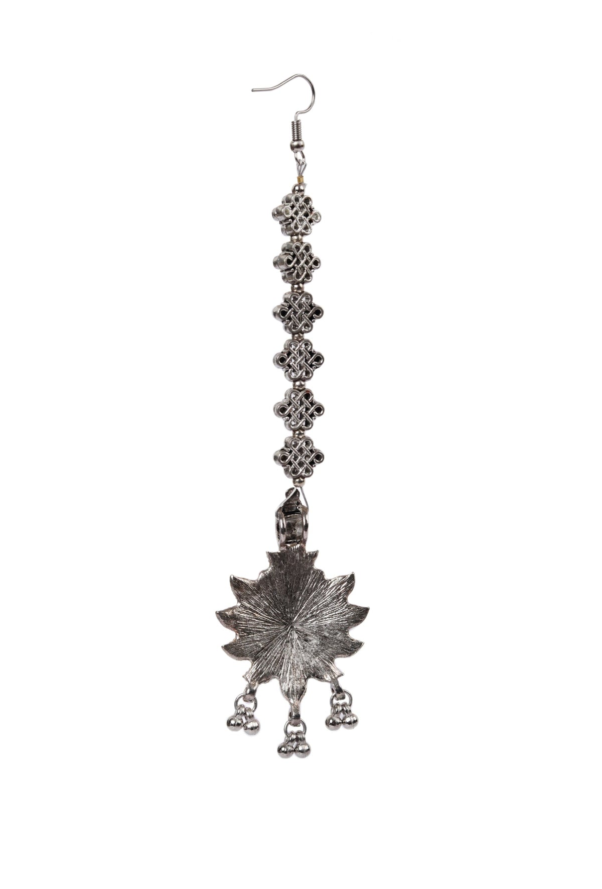Silver Plated Partywear Trendy Shaped Square Bead Chain Maangtikka With Dangler Earring