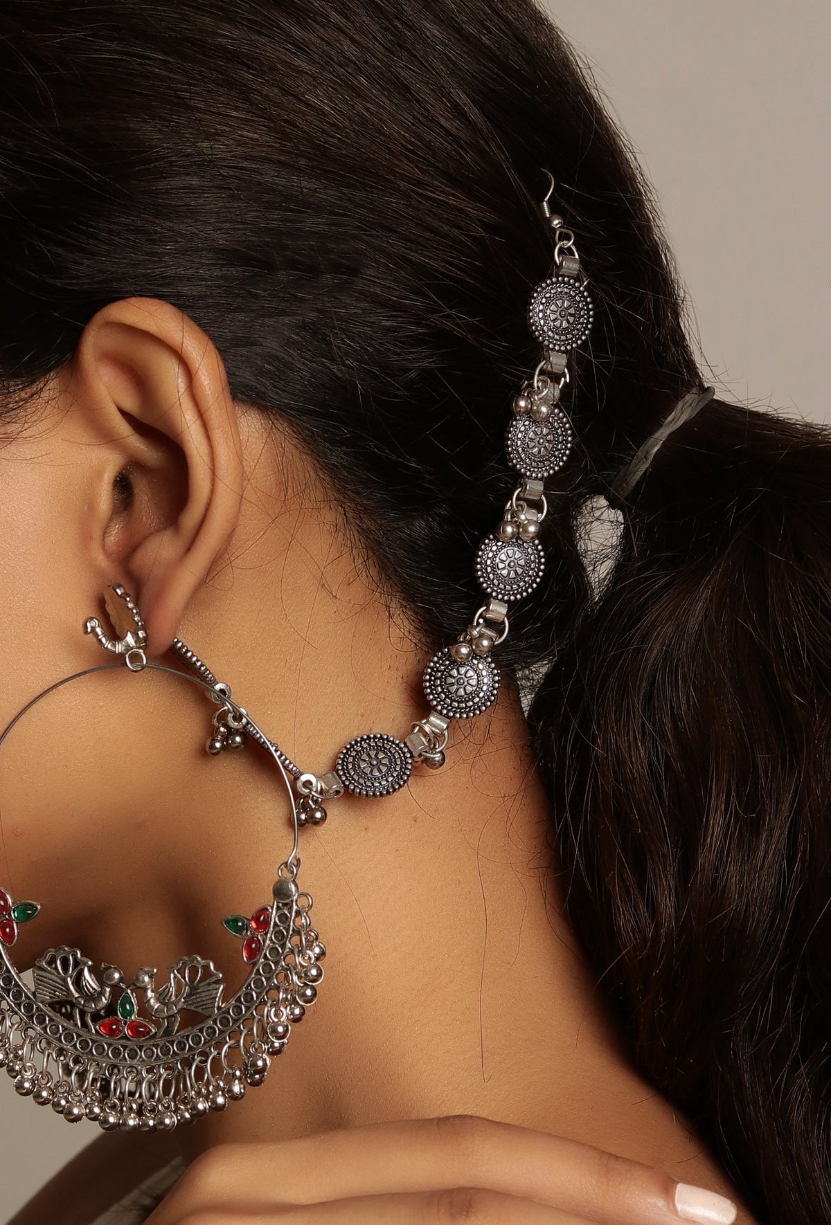 Pair of German Silver Designer Circled Coined With Ghunghru Earchain