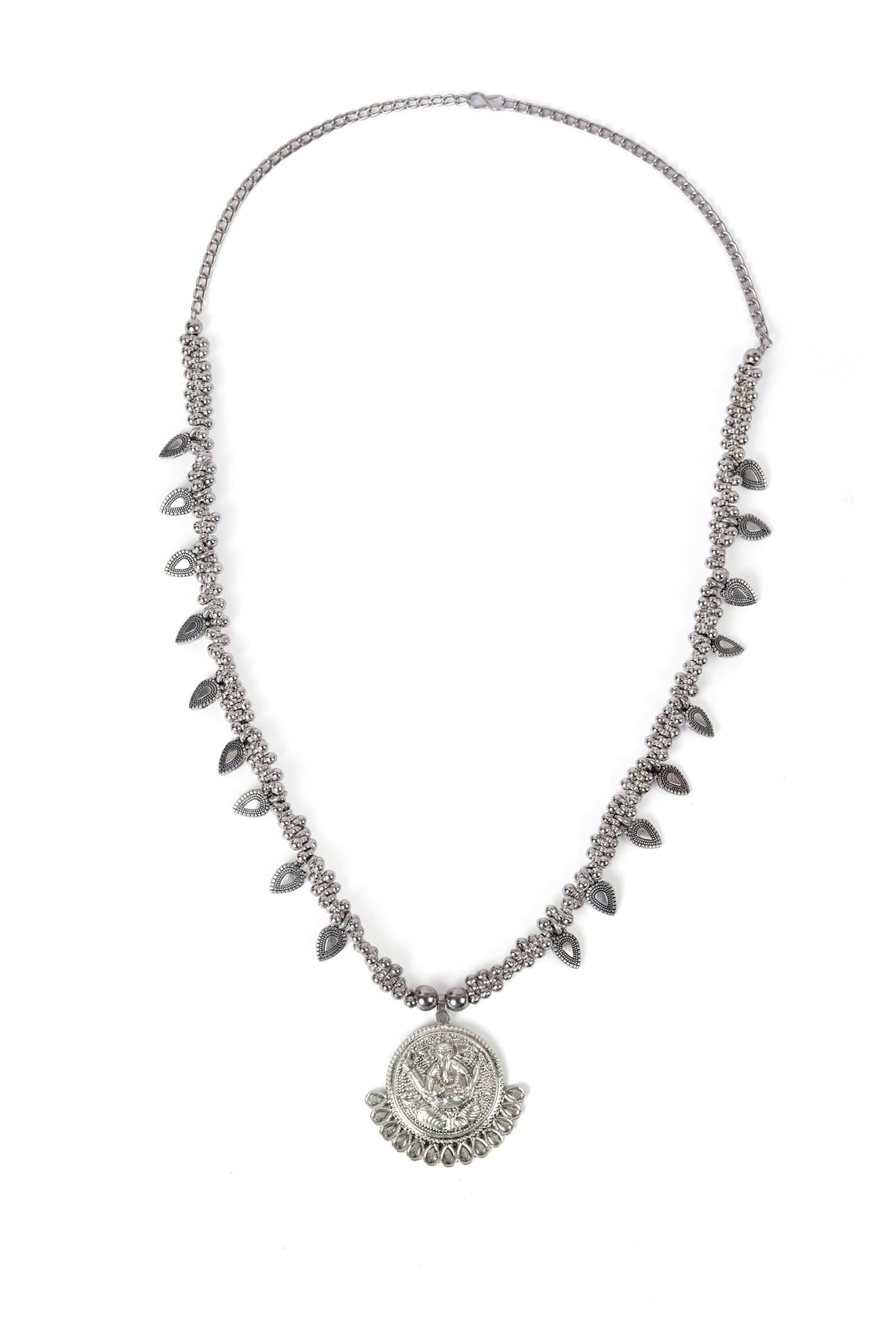 German Silver Designer Ganpati Pendant With Ghunghru Leaf Long Chain Necklace