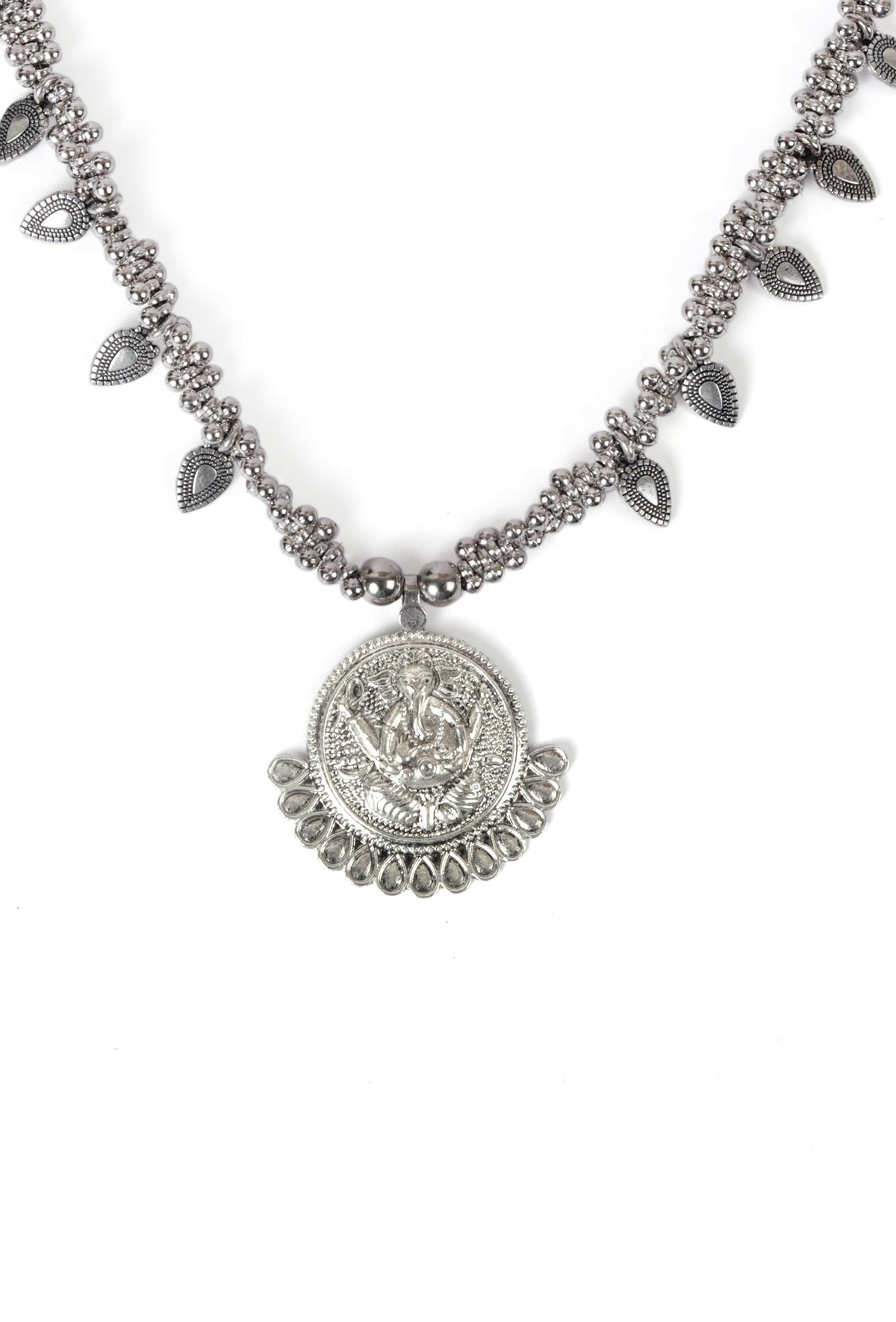 German Silver Designer Ganpati Pendant With Ghunghru Leaf Long Chain Necklace
