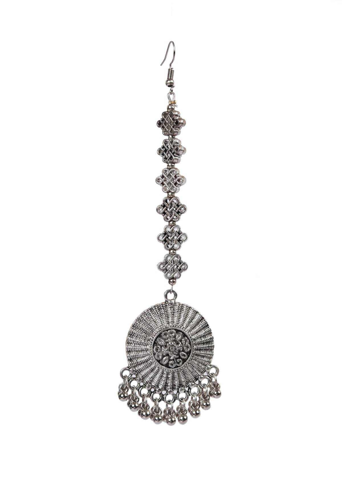 Trendy Stylish German Silver Partywear Round Shaped Square Bead Maangtikka