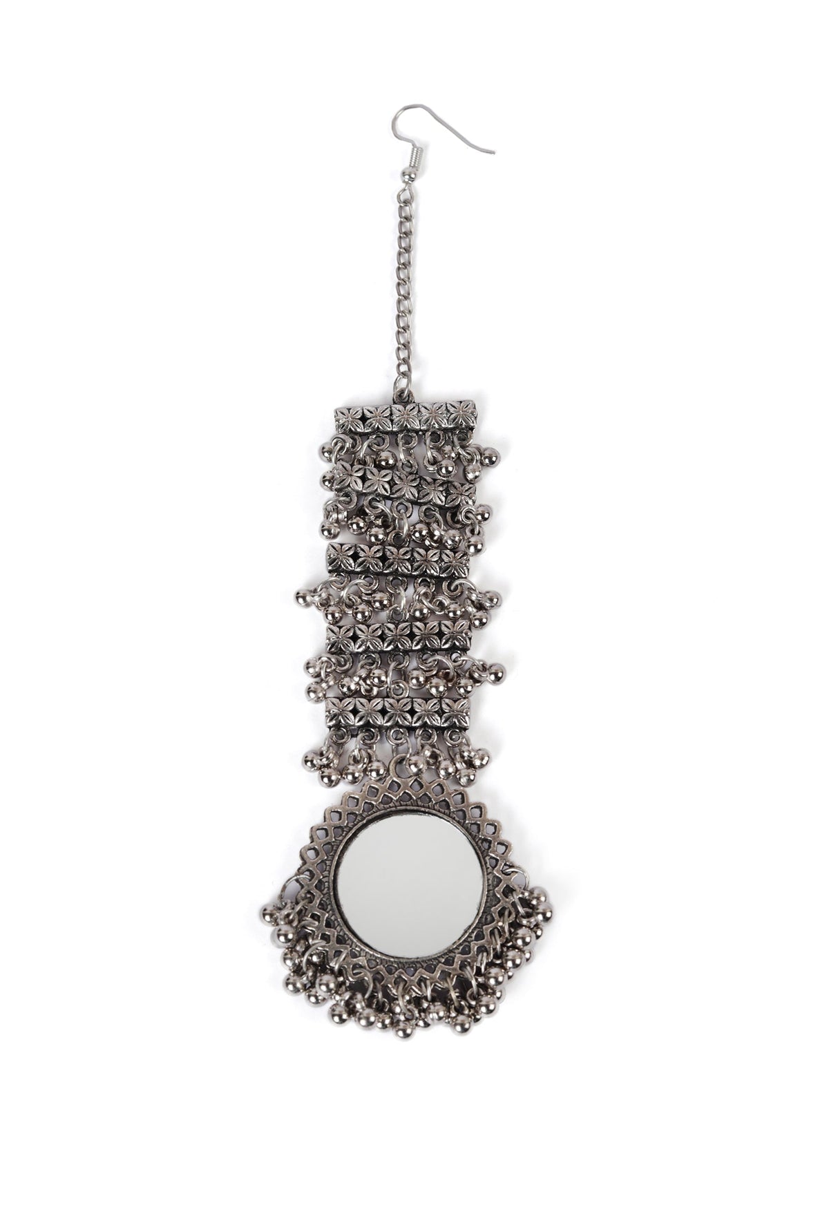 Oxidized Silver Designer Mirror Round Shape With Ghunghru Chain Maangtikka
