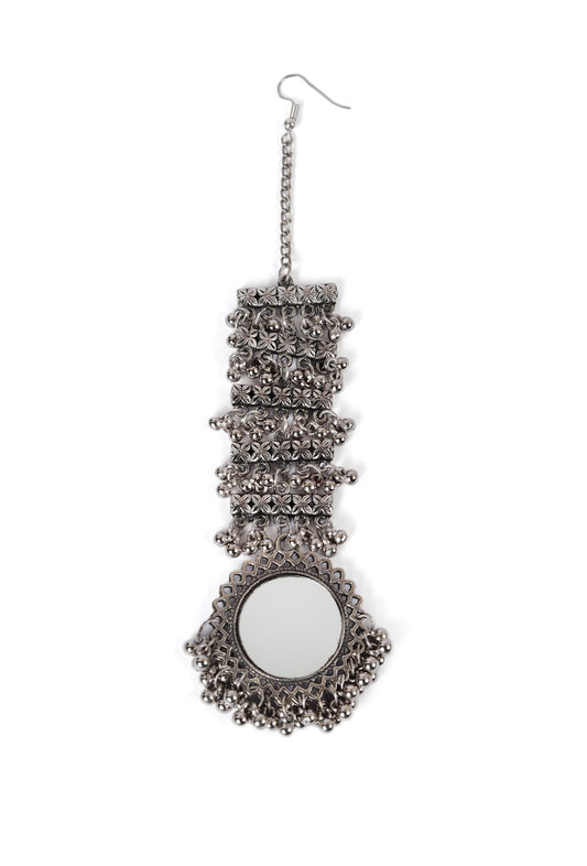 Oxidized Silver Designer Mirror Round Shape With Ghunghru Chain Maangtikka