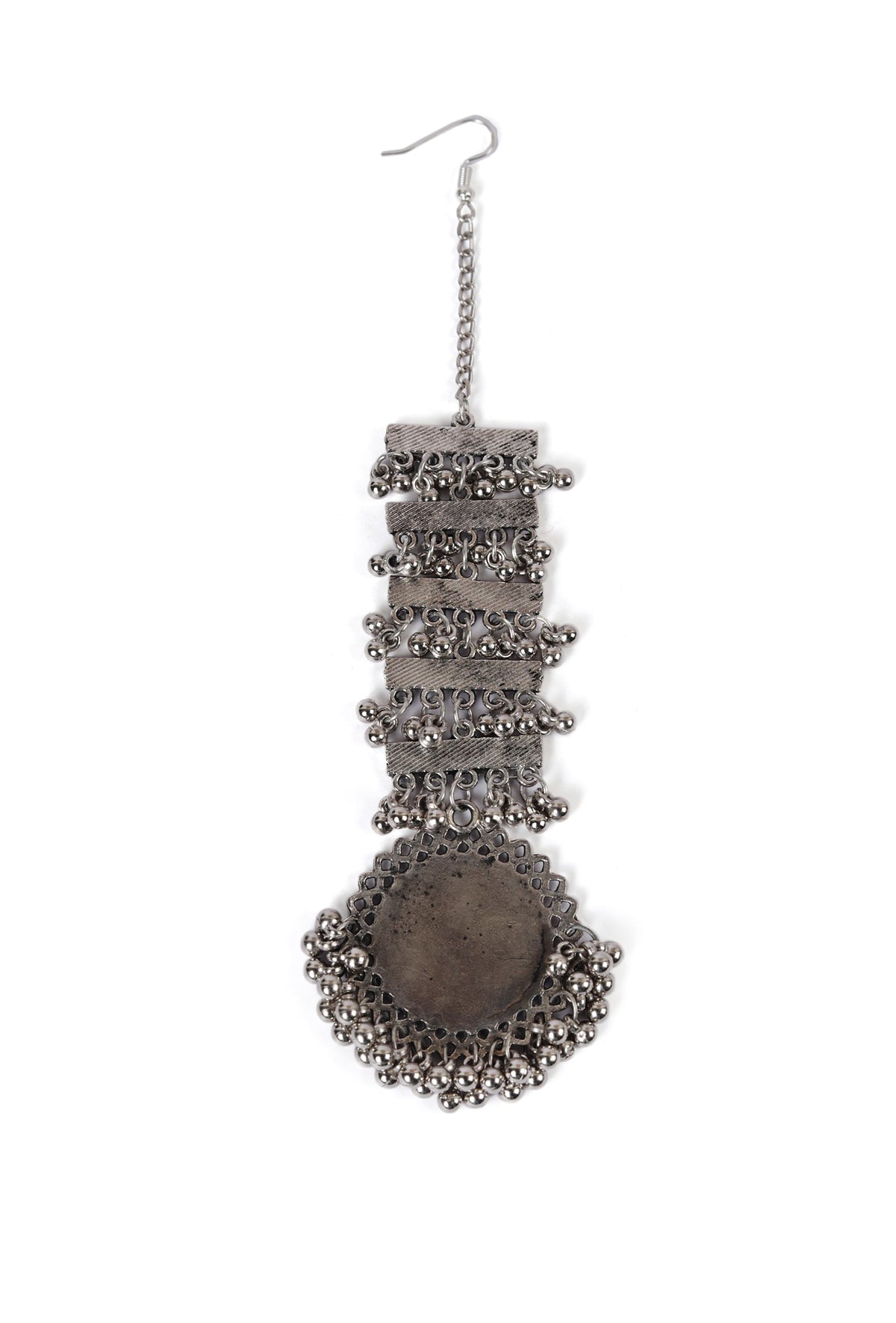 Oxidized Silver Designer Mirror Round Shape With Ghunghru Chain Maangtikka