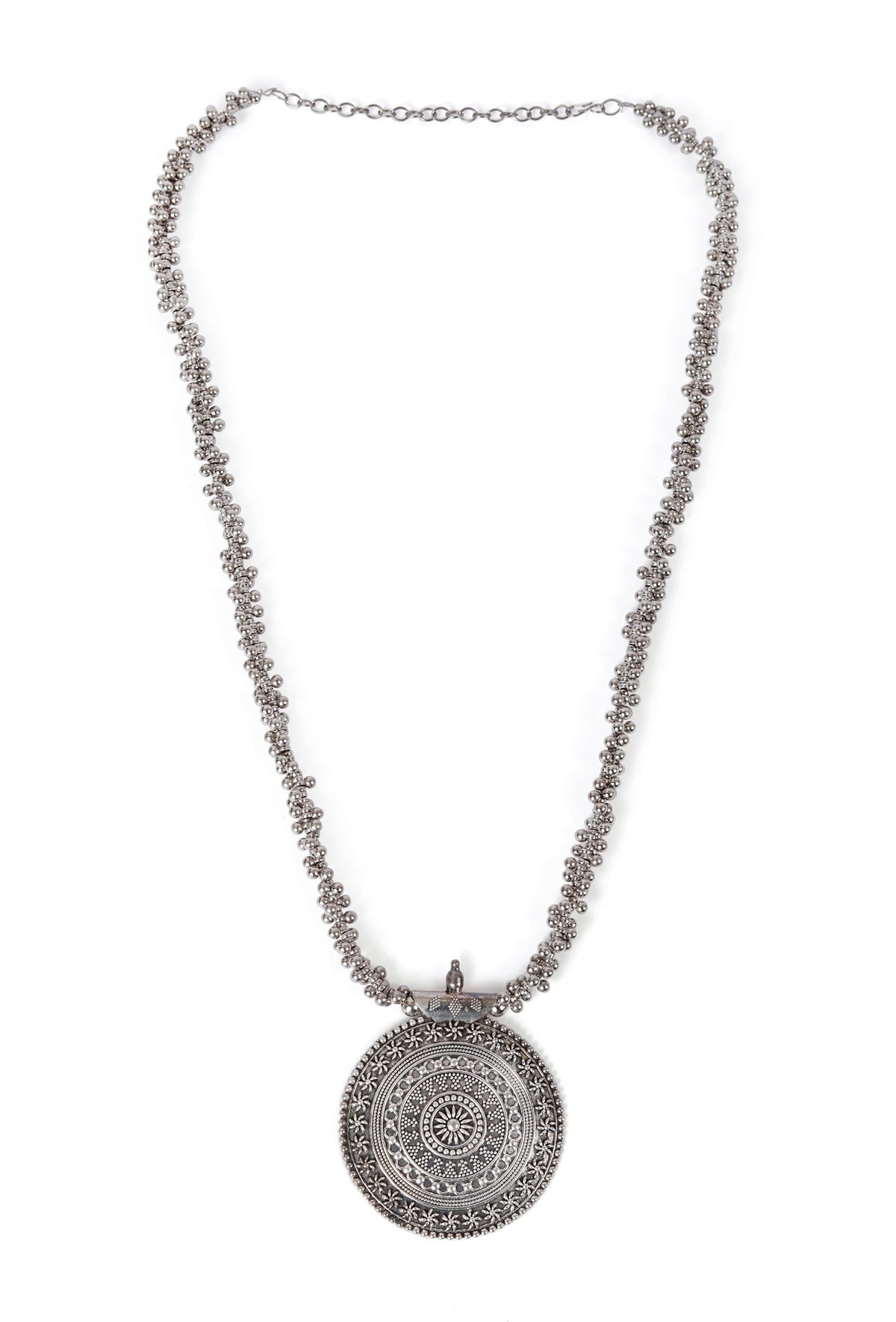 German Silver Designer Long Chain Ghunghru Bead Round Pendant