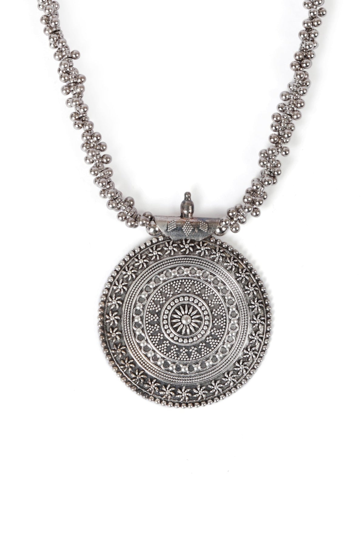 German Silver Designer Long Chain Ghunghru Bead Round Pendant