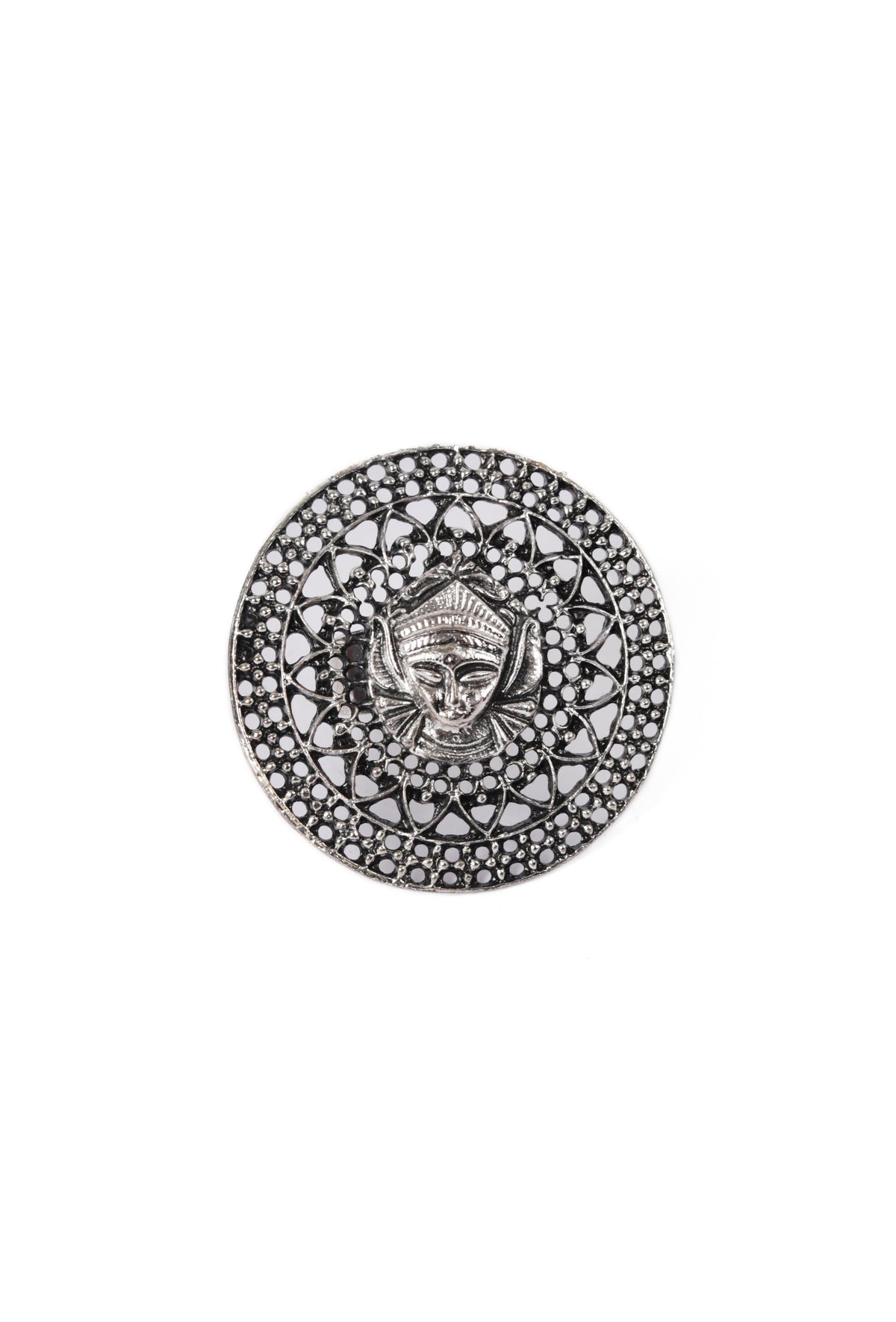Oxidized Silver Designer Durga Ji Studded Adjustable Ring