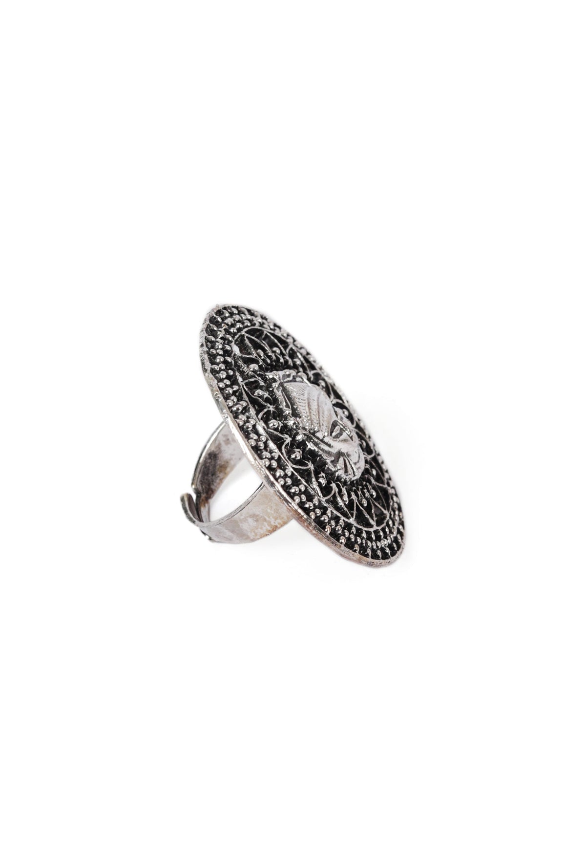Oxidized Silver Designer Durga Ji Studded Adjustable Ring