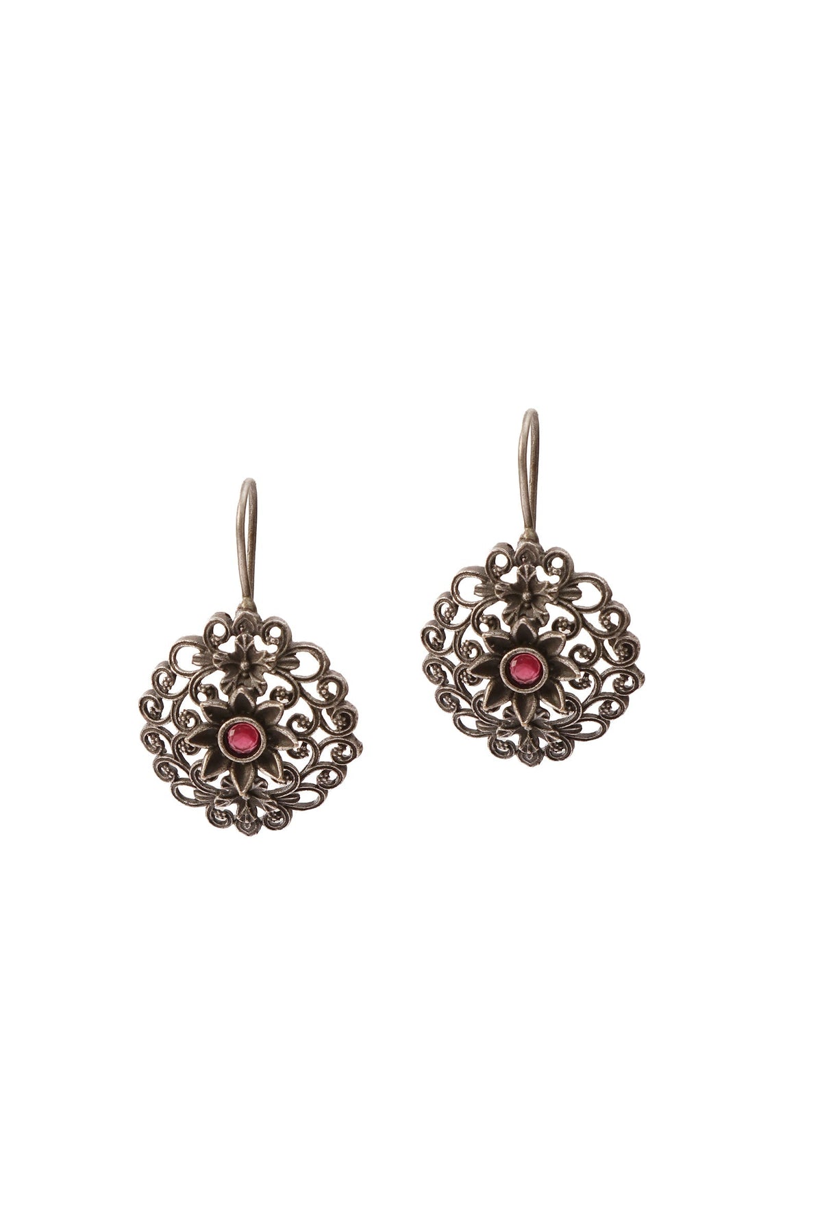 Ruby Blossom: Designer Oxidized German Silver Flower Dangle Earrings