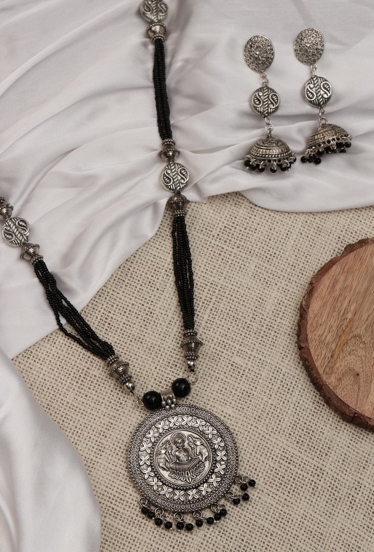 German Silver Lakshmi Pendant Necklace Set With Black Bead Dori & Jhumki